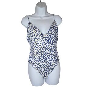 J. Crew Playa Leopard Print One‎ Piece Swimsuit Women Large Blue White